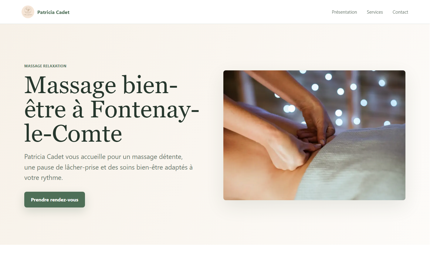 Accueil du site de Patricia Cadet : massage bien-être à Fontenay-le-Comte et prise de rendez-vous